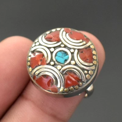 Tibetan Turquoise Coral Handmade Bohemian Jewelry Nepali Adjustable Ring SR 3057 - Image 1 of 4