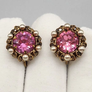 Vtg Czech Pink Rhinestone Earrings Gold Tone Faux Pearl Filigree Screwback Rare - Picture 1 of 8