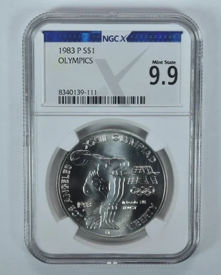1983-P Olympic Discus Commemorative Silver Dollar Mint State 9.9 NGCX *0644 - Image 1 of 4