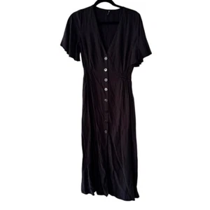 Zara Midi Dress Button Front V Neck Short Sleeve Black Dress Size M - Picture 1 of 5