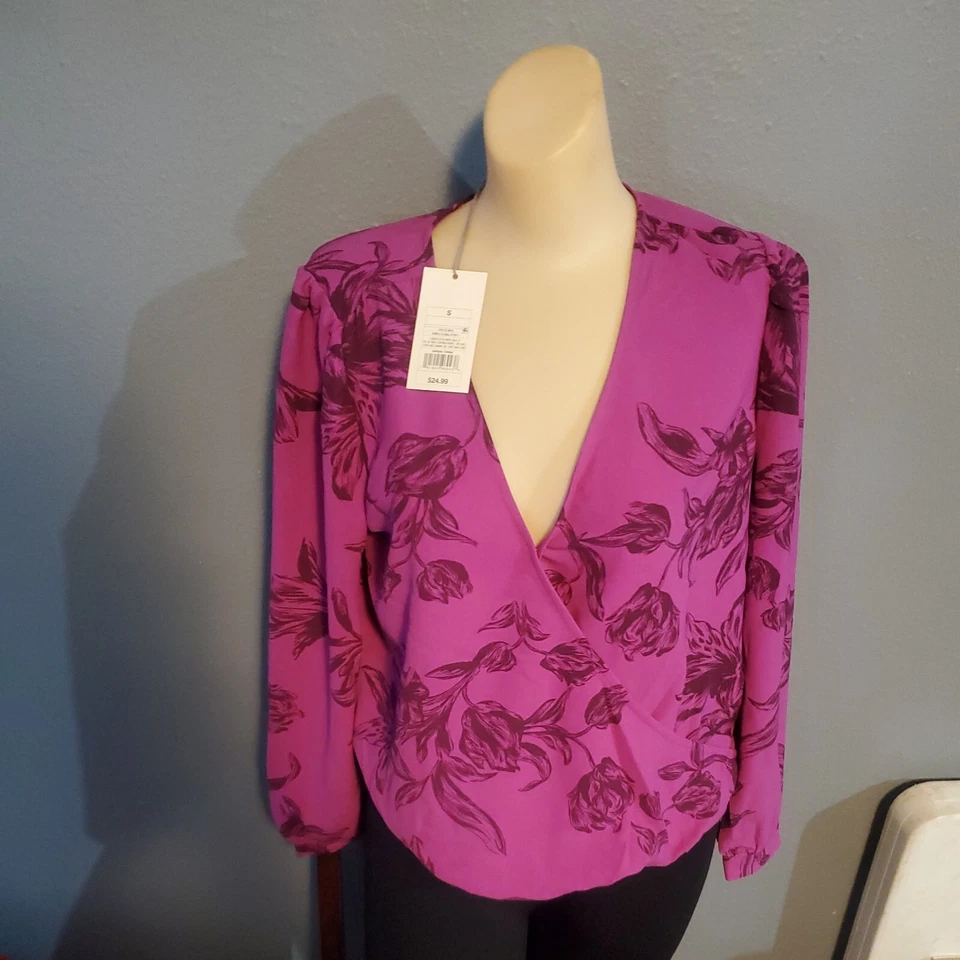 a Day Womens Floral Print Puff Long Sleeve Wrap Top Small Purple