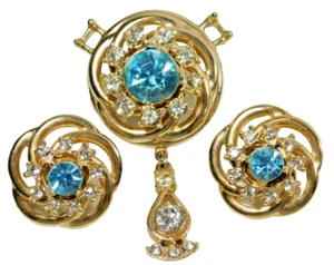 Retro Blue and Clear Rhinestone Gold Plated Spiral Brooch / Pendant and Earrings - Picture 1 of 6