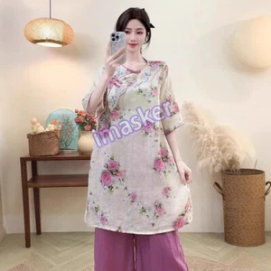 Retro Womens Floral Printed Linen Tops Shirt Dress Round Neck Mid Legth Dress - Picture 1 of 28