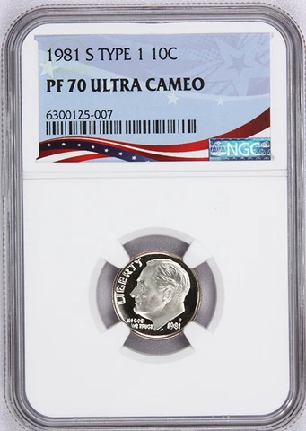 1981-S TYPE 1, Proof Roosevelt Dime, Graded PF70UC by NGC * Population 243 ! Cover