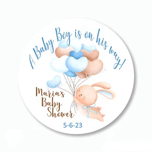 Baby Boy Bunny Baby Shower Favors Tags New Baby Shower Labels Stickers 4 Sizes - Picture 1 of 1