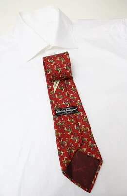Salvatore Ferragamo Corbata Hombre Talla Única 100% Seda Punta Perro Patrón Rojo - Imagen 1 de 4