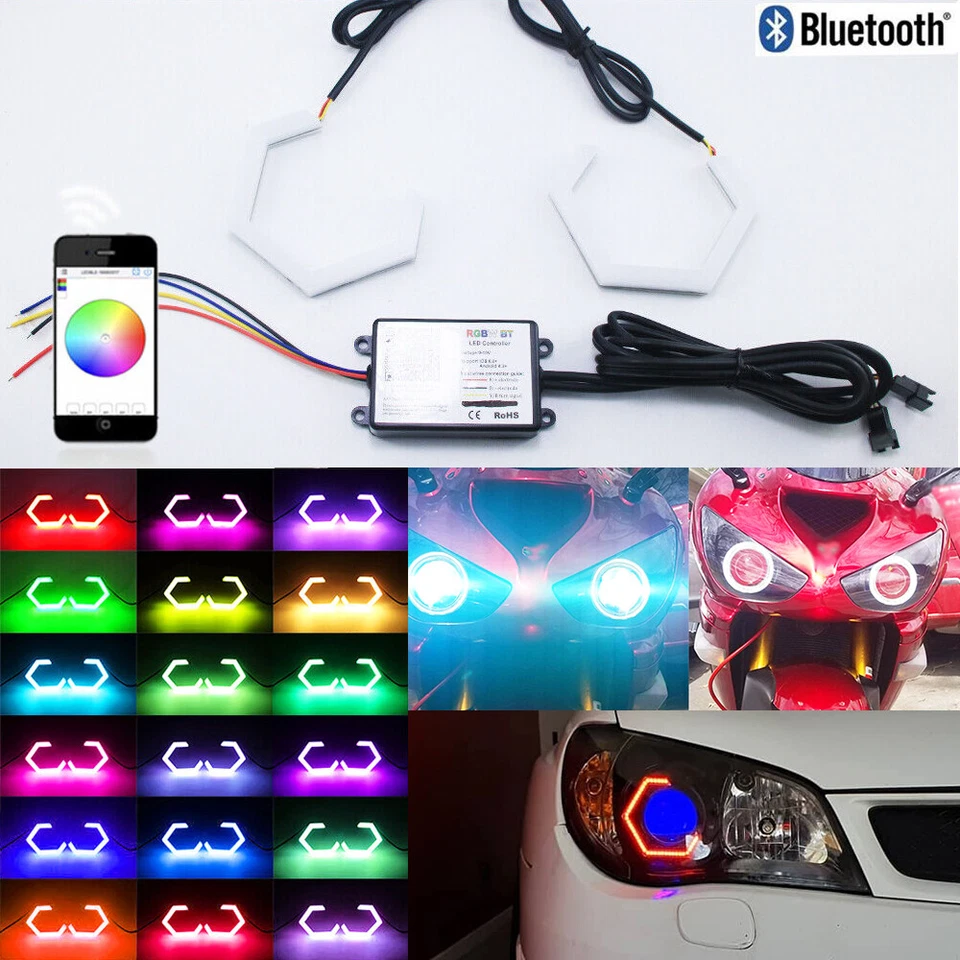 Anillos halo LED hexagonales Bluetooth dinámicos RGB ojo de ángel para Kawasaki Ninja ZX6R 03-06 Foto 1 de 4