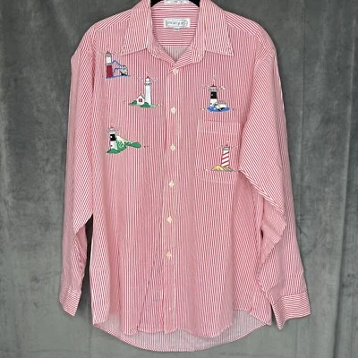 Camisa con botones Lighthouse para hombre manga media larga náutica roja blanca a rayas Foto 1 de 4