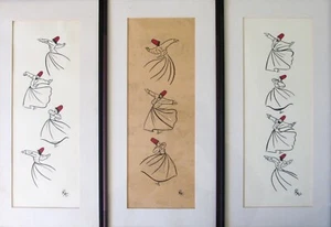 Set of 3 Signed Framed Drawings Dancing Whirling Rumi Sufi Dervish Paintings - Picture 1 of 10