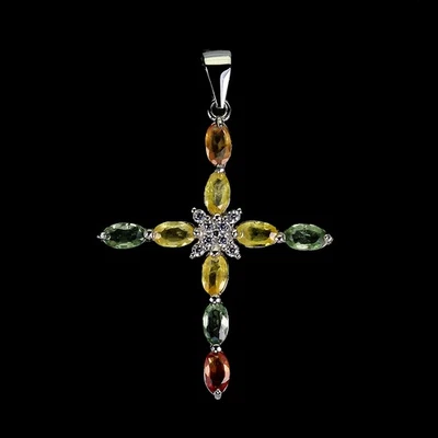 925纯银吊坠椭圆形蓝宝石十字架天然宝石首饰 — 第 1/4 张图片