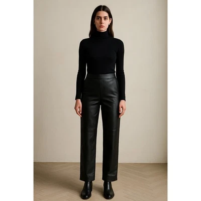 Pantalones de cuero genuino de pierna recta negros cintura alta cintura elástica talla S Y2K Foto 1 de 4