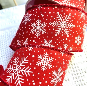 White Snowflakes 2.5" by 2 yards Red Wired Ribbon Christmas Winter Holidays - Picture 1 of 5