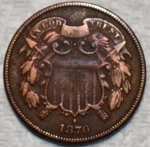 Very Fine 1870 Two Cent Piece, Well-Detailed, Better Date specimen. - Picture 1 of 2