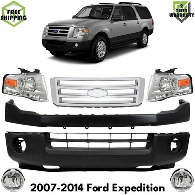 Front Bumper Cover Primed Plastic & Headlights Kit For 2007-2014 Ford Expedition - Image 1 of 4
