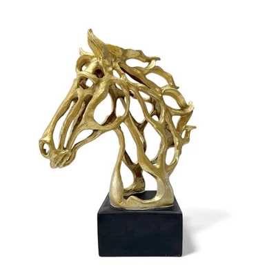 "Moderno busto de escultura de cabeza de semental de caballo abstracto dorado sobre bloque de resina 16""" Foto 1 de 4