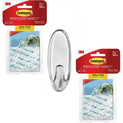 2 Packs 3M Command 6 Medium Clear Hooks & 12 Adhesive Strips Per Pack Max 2 lb - Image 1 of 4