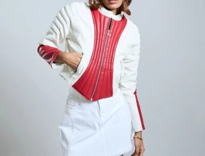 Women's 100% Real Lambskin Multi-Strips Pattern Luxury Leather Jacket - Image 1 of 4