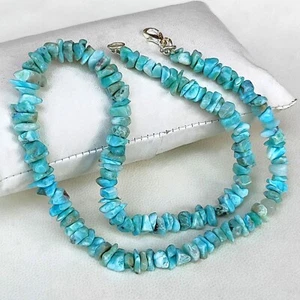 Natural Larimar Gemstone 6 to 9 mm Size Smooth Chips Shape Beads 16" Necklace - Picture 1 of 5
