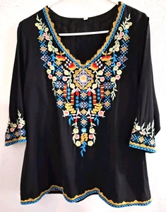 Top Gosiea Floral Bordado XL Negro Rayón Algodón Manga Larga BohoFiesta Mexicana - Imagen 1 de 10