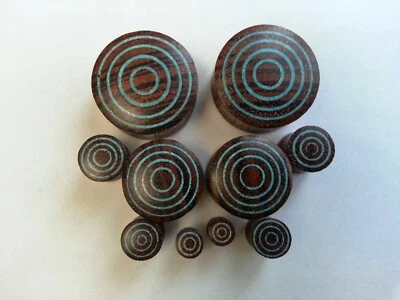 1Pair Handmade Organic Crushed Blue Turquoise Rangas Wood Saddle Ear Plugs Gauge - Image 1 of 4