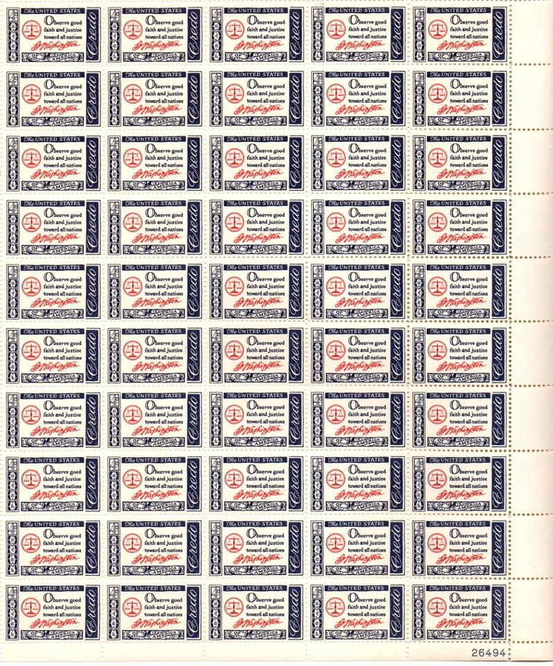 #1139, 4 ct., CREDO,  GEORGE WASHINGTON, 1960,  Sheet of 50, MNH - OGH - Image 1 of 1
