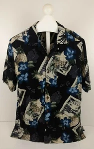 Men's Caribean Joe 100% Rayon Classic Blue Floral Pineapple Hawaiian Shirt Sz L - Picture 1 of 12