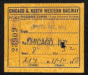 Chicago & North Western Railway 1968 Green Bay Ticket Stub #23909 Bloomquist* - Picture 1 of 2