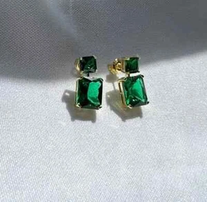 2Ct Princess Cut Lab-Created Emerald Drop Dangle Earrings14K Yellow Gold Plated - Picture 1 of 3