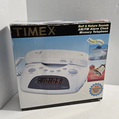Vintage Timex Memory Telephone & AM/FM Alarm Clock White Bell & Nature Phone - Image 1 of 4