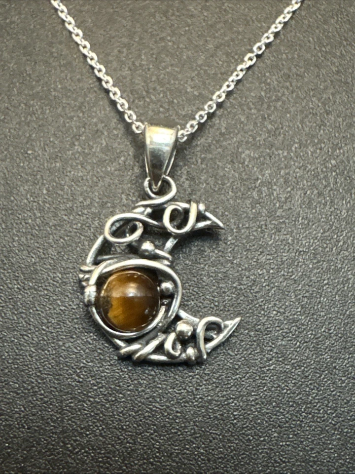 18” New Condition Tigers Eye Crescent Moon Pendant Necklace  - Image 1 of 4