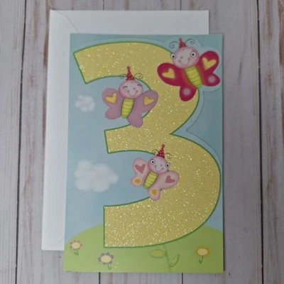 Поздравительная открытка на день рождения 3-летнего ребенка AGC блестящая бабочка неиспользованная с Env - Изображение 1 из 4