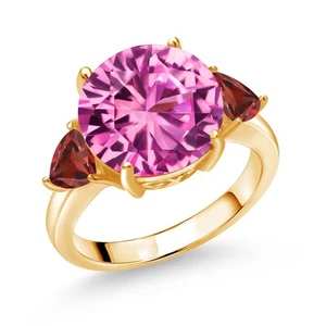 18K Yellow Gold Plated Silver Pink Created Sapphire and Garnet 3-Stone Ring For - Picture 1 of 3