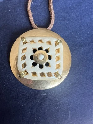 Vintage Gold-Tone Large Pendant Necklace On Leather Cord - Image 1 of 4