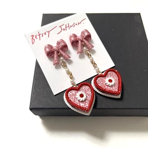 New BETSEY JOHNSON Dangling Heart Cake Stud Earrings Pink Bow Pearl Love Glitter - Picture 1 of 5