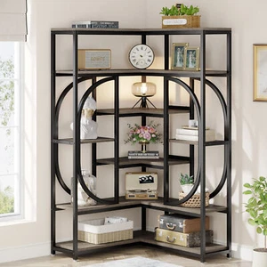 Large Modern Corner Bookcase Bookshelf L-Shaped Storage Shelves with Metal Frame - Picture 1 of 17