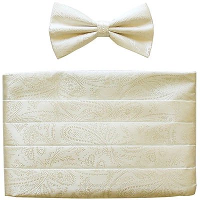 NUEVO en caja 100% poliéster paisleys cummerbund y pajarita conjunto boda marfil Foto 1 de 4