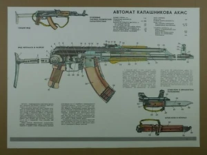 Authentic Soviet Russian Poster Kalashnikov AKMS (AKM-S) Assault Rifle Explained - Picture 1 of 7