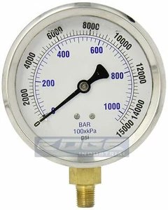 LIQUID FILLED PRESSURE GAUGE 0-15,000 PSI, 4" FACE, 1/4" LOWER MOUNT - Picture 1 of 2