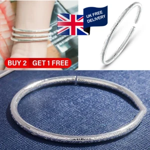Solid Silver Plated Bracelet Engraved Open Cuff Bangle Simple Jewelry for Women - Picture 1 of 9