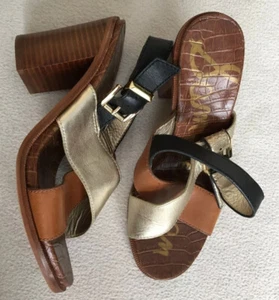 Sam Edelman Ivy Brown Gold Stacked Block Straps Sandals Size 8 M Women’s - Picture 1 of 12