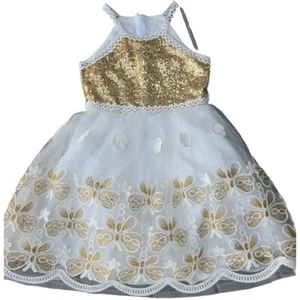 Sunny Fashion Girls Dress Butterfly Embroidered Gold Sequin Dress Party Sz 8 - Picture 1 of 7
