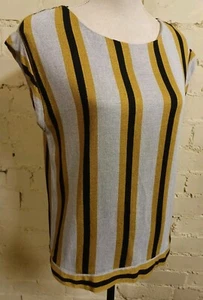 NEXT cap sleeve woven top, UK 8, grey/ochre/black vertical stripe, VGC - Picture 1 of 16