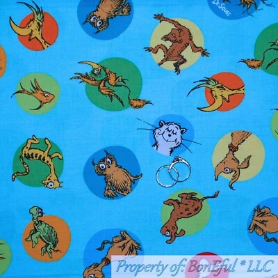 BonEful FABRIC Cotton Quilt Aqua Blue Dr Seuss Pet Owl Dog Cat Kid NR SCRAP - Image 1 of 4