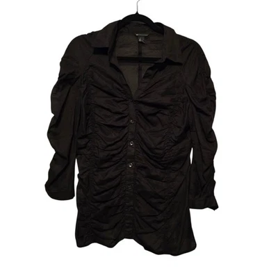 Mango MNG Gathered Button Down Blouse Womens MED Black Elvira Grunge Goth Punk - Image 1 of 4