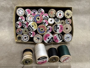 Lot 36 Vintage & Antique Sewing Thread Wooden Spools Silk Cotton Elastic - Picture 1 of 3