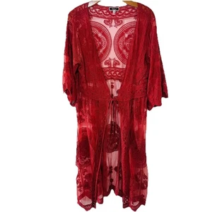 Vivid Collection Open Cardigan SZ M Red Crochet Lace Short Sleeve Top Boho Fall - Picture 1 of 15