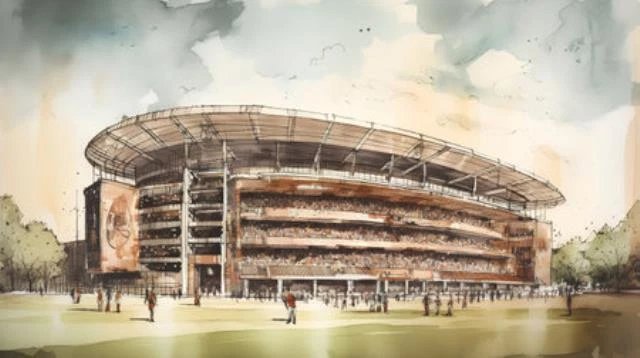 Wandbild: Vintage-Aquarellillustration eines Fußballstadions in der Stadt. [...] - Bild 1 von 1