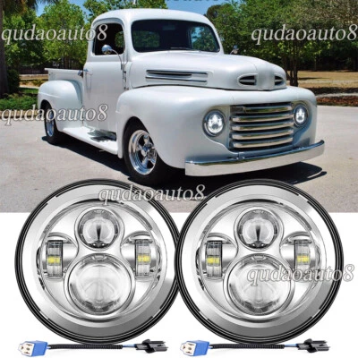 Par de faros LED redondos de 7" pulgadas cromados para Ford F1 1948-1952 con haz alto y bajo Foto 1 de 4