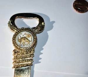 ZODIAC GOLDTONE BOTTLE OPENER *CHURCH KEY * FUN ITEM *TAURUS* GLASS INTAGLIO - Picture 1 of 2