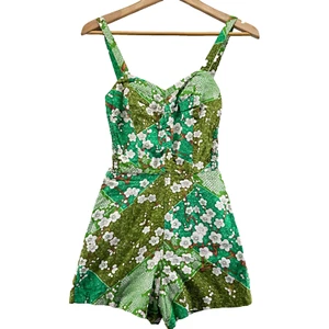 Vintage 1950s Romper Bathing Suit Size 10 Green Floral Sun Fashions of Hawaii - Picture 1 of 18